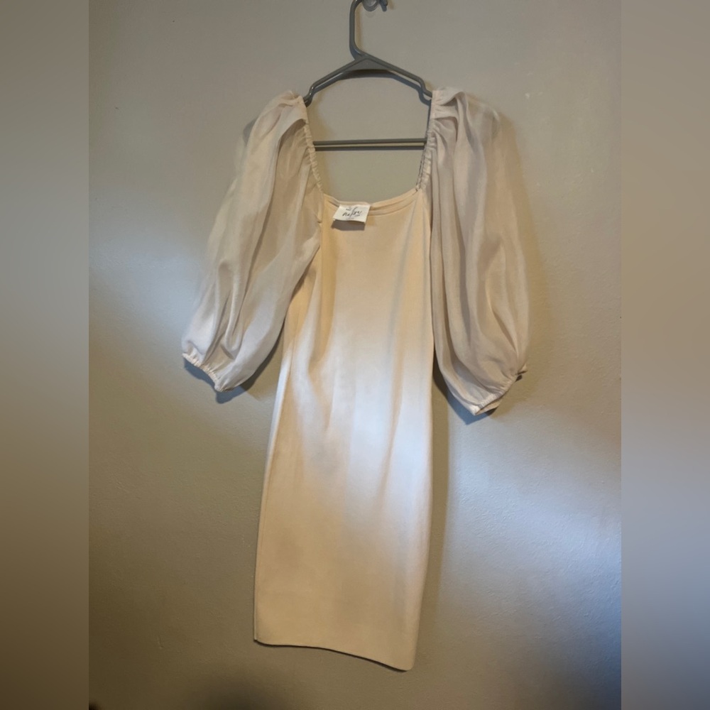 Puff-Sleeve Cream Midi Dress
